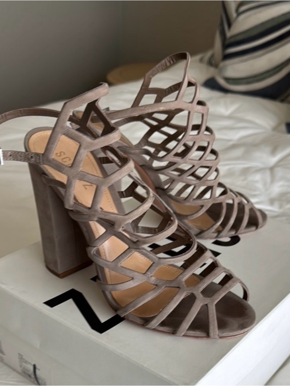 SCHUTZ 
Taupe Strappy Cage Block Heel Sandals